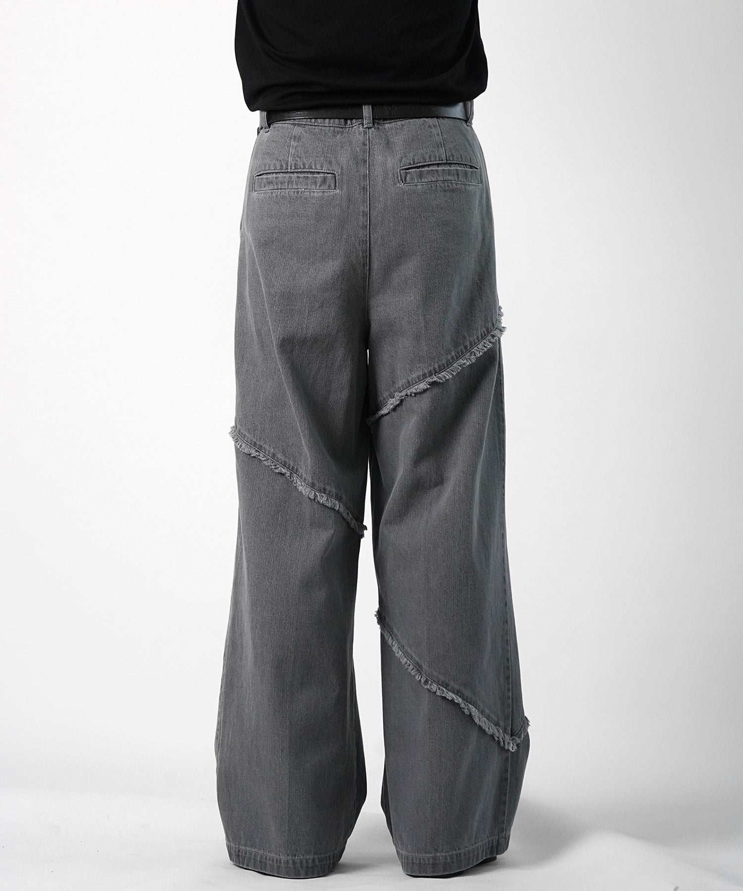 25SS 切替フリンジ ウォッシュ加工 ワイドストレートデニムパンツ
