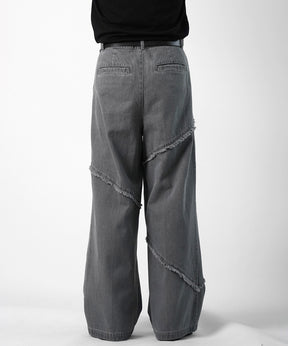 25SS 切替フリンジ ウォッシュ加工 ワイドストレートデニムパンツ
