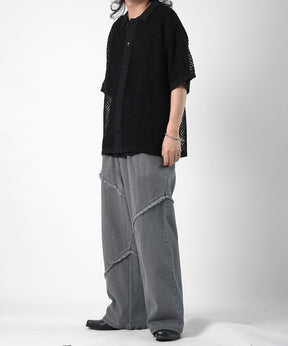 25SS 切替フリンジ ウォッシュ加工 ワイドストレートデニムパンツ