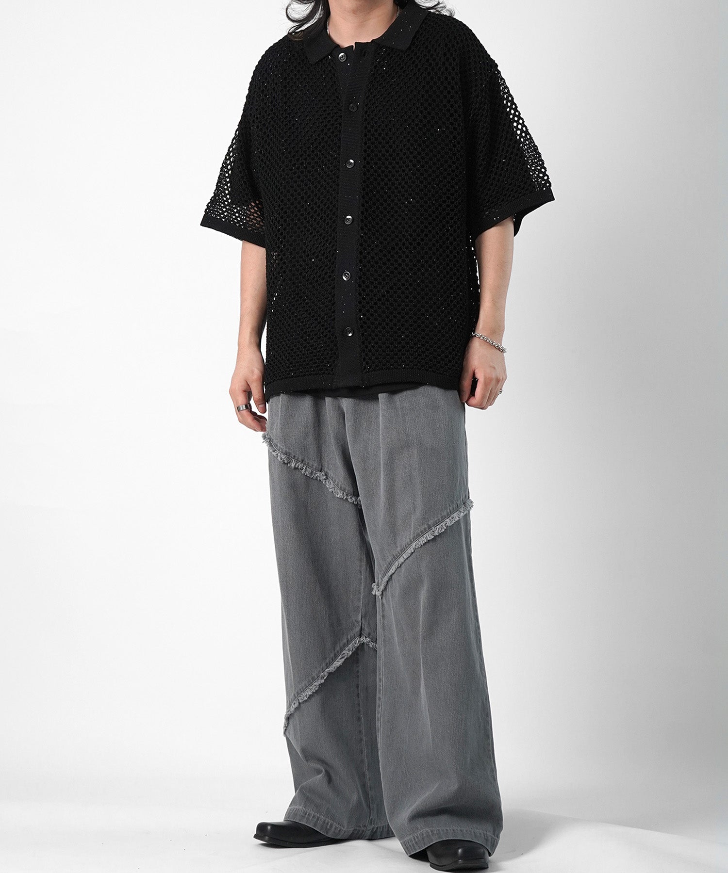 25SS 切替フリンジ ウォッシュ加工 ワイドストレートデニムパンツ