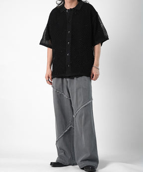 25SS 切替フリンジ ウォッシュ加工 ワイドストレートデニムパンツ