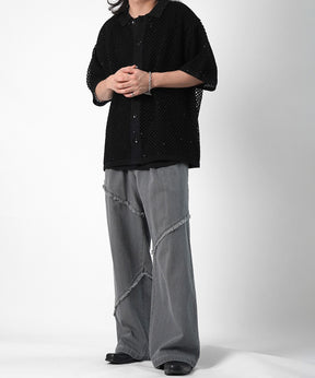 25SS 切替フリンジ ウォッシュ加工 ワイドストレートデニムパンツ