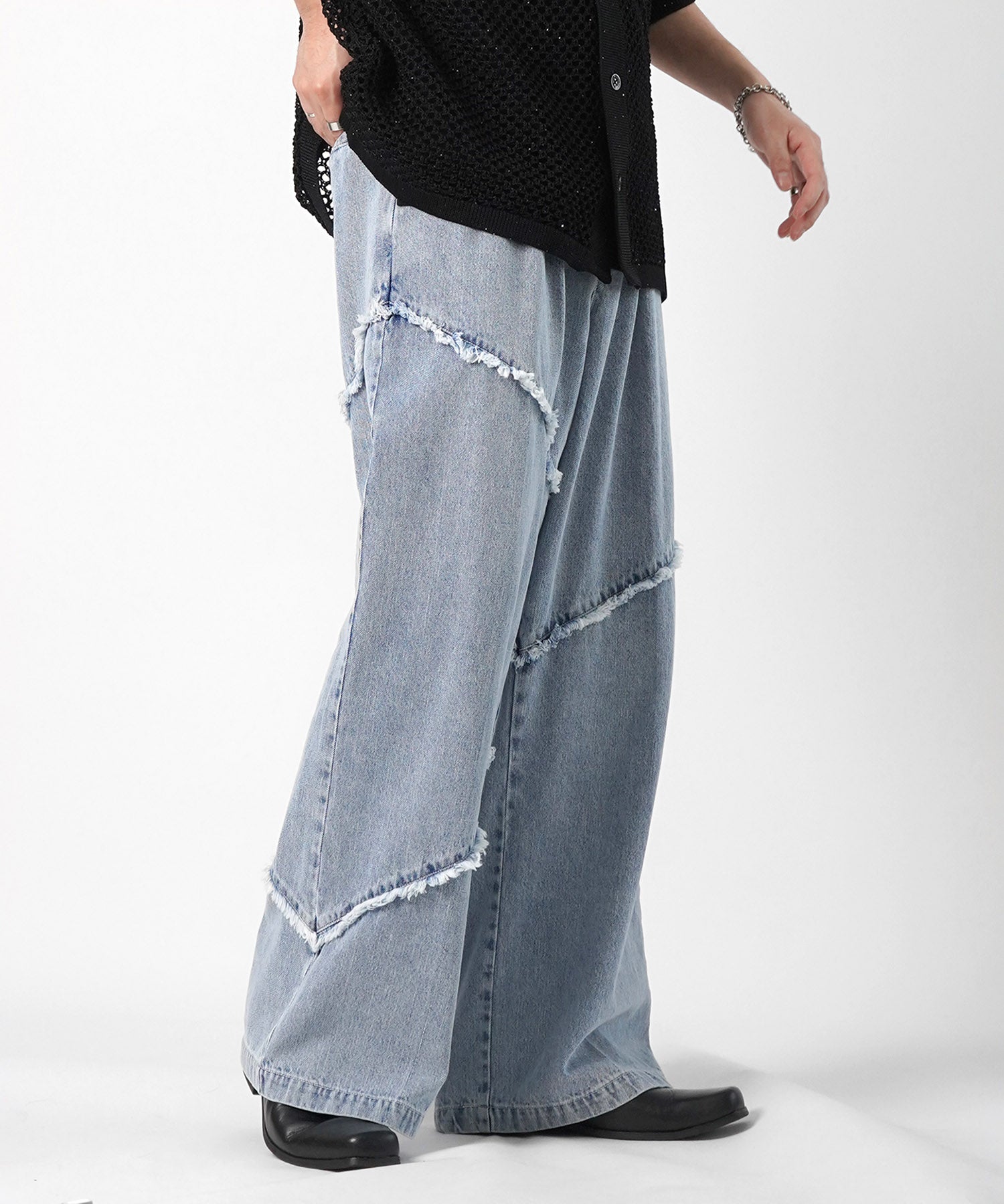 25SS 切替フリンジ ウォッシュ加工 ワイドストレートデニムパンツ