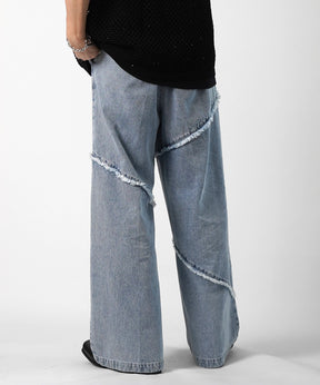 25SS 切替フリンジ ウォッシュ加工 ワイドストレートデニムパンツ