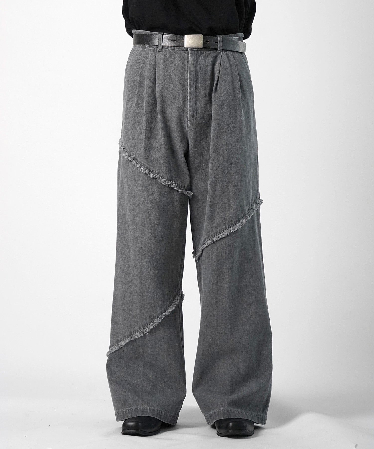 25SS 切替フリンジ ウォッシュ加工 ワイドストレートデニムパンツ