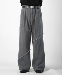 25SS 切替フリンジ ウォッシュ加工 ワイドストレートデニムパンツ