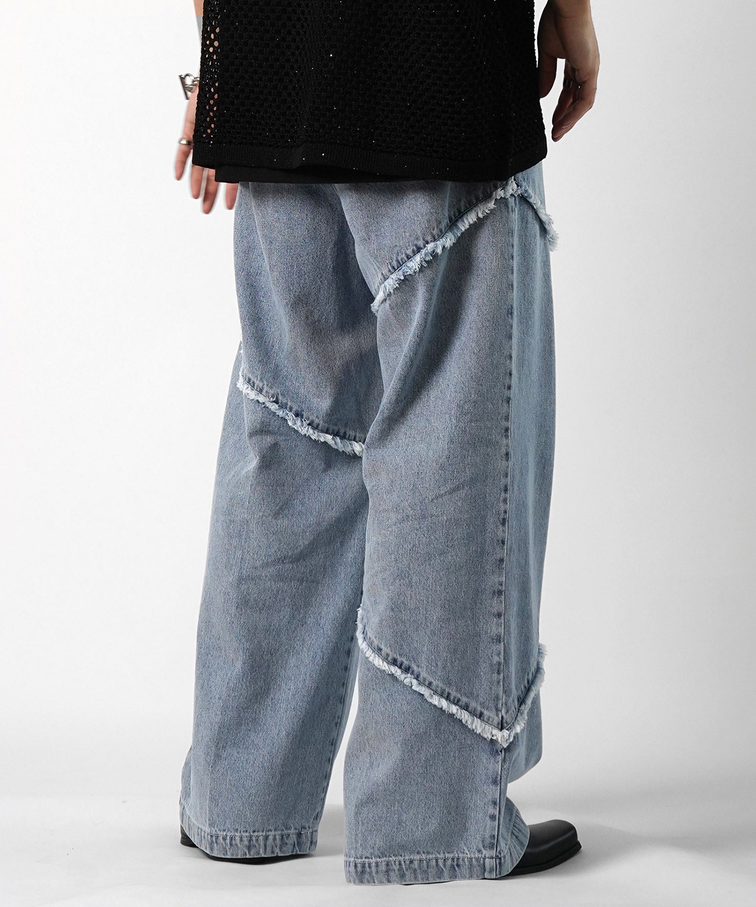 25SS 切替フリンジ ウォッシュ加工 ワイドストレートデニムパンツ