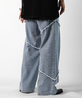 25SS 切替フリンジ ウォッシュ加工 ワイドストレートデニムパンツ