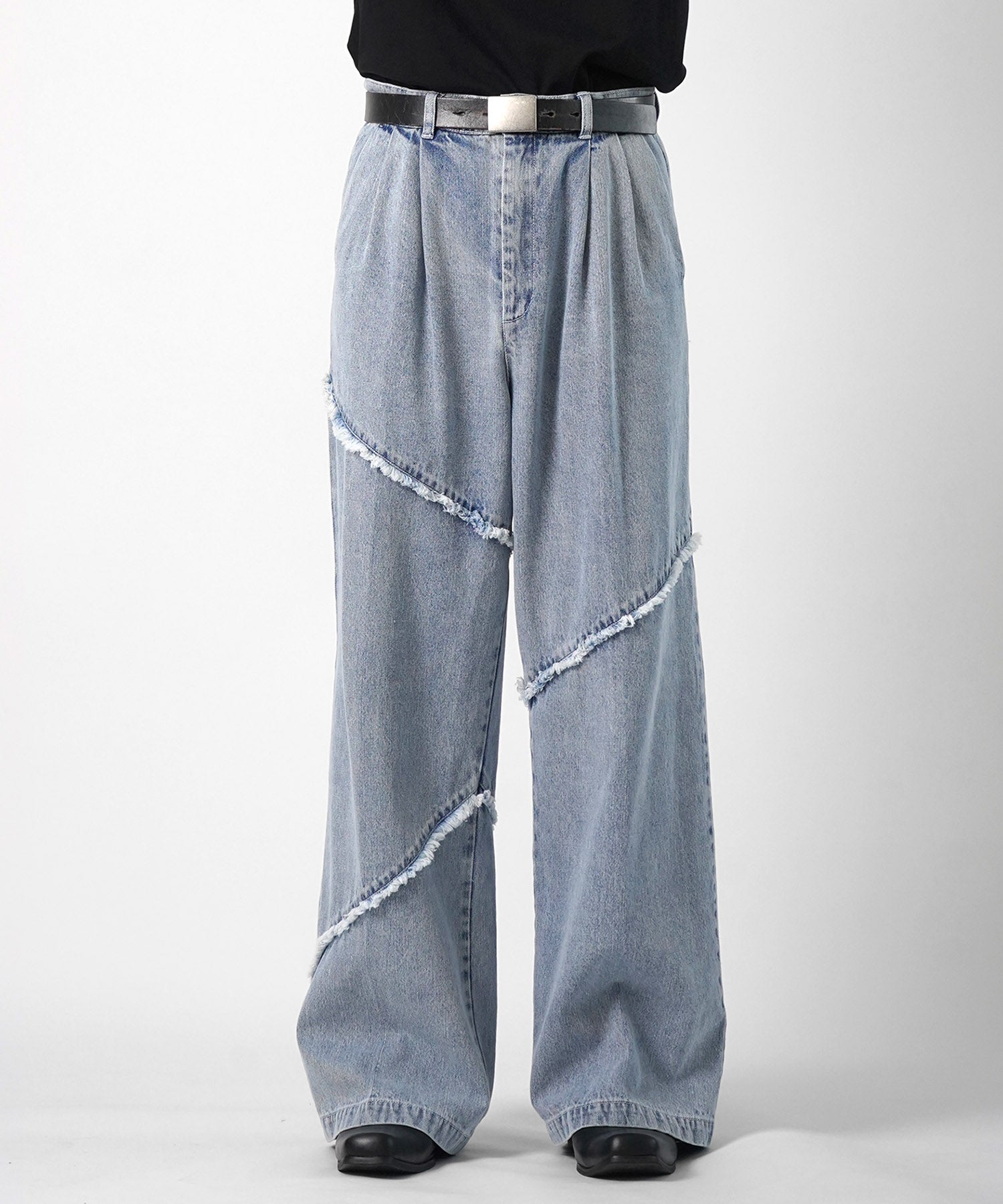 25SS 切替フリンジ ウォッシュ加工 ワイドストレートデニムパンツ
