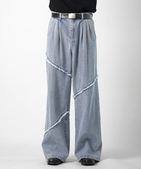 25SS 切替フリンジ ウォッシュ加工 ワイドストレートデニムパンツ