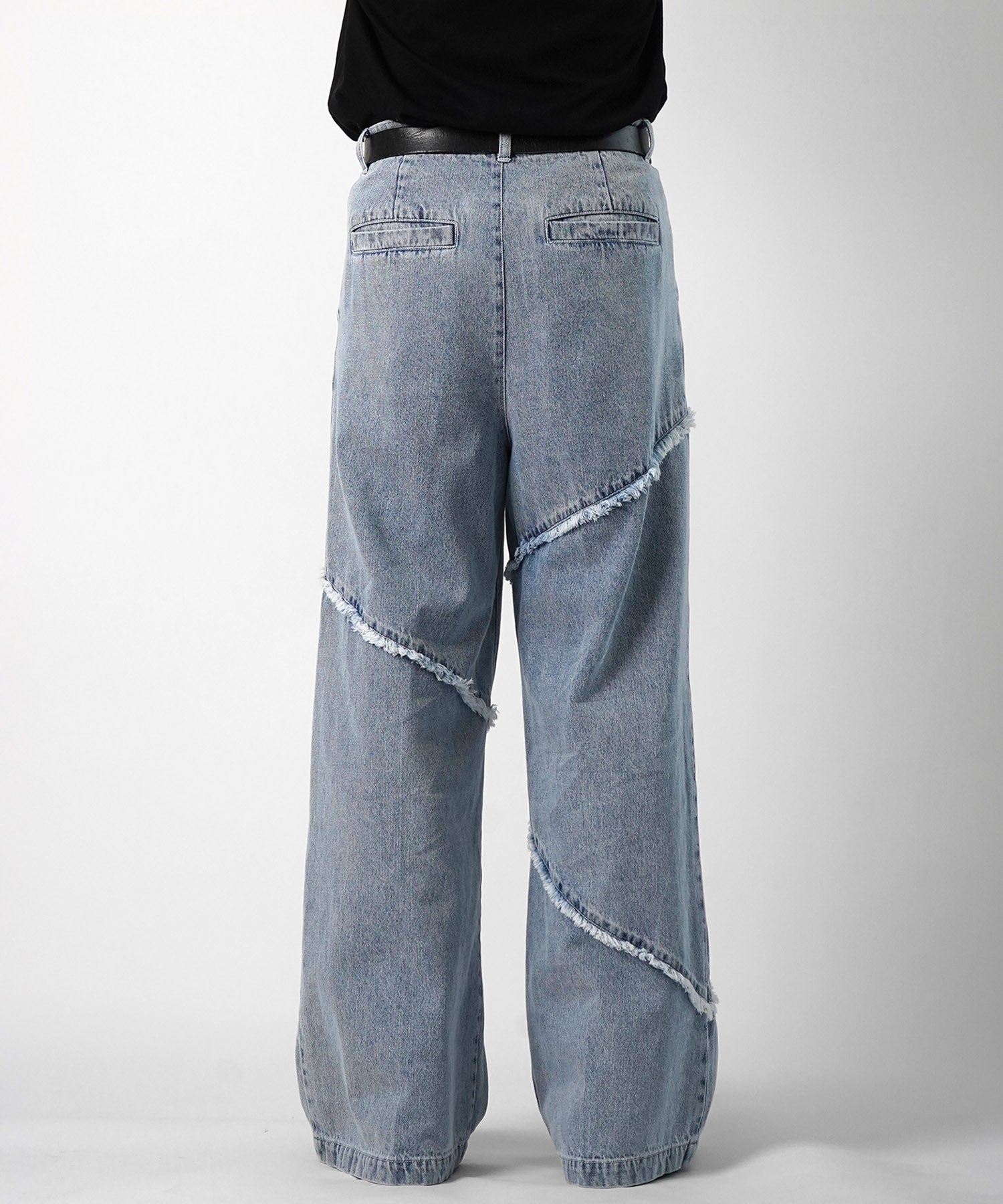 25SS 切替フリンジ ウォッシュ加工 ワイドストレートデニムパンツ