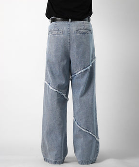 25SS 切替フリンジ ウォッシュ加工 ワイドストレートデニムパンツ