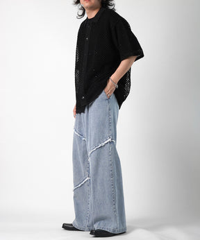 25SS 切替フリンジ ウォッシュ加工 ワイドストレートデニムパンツ