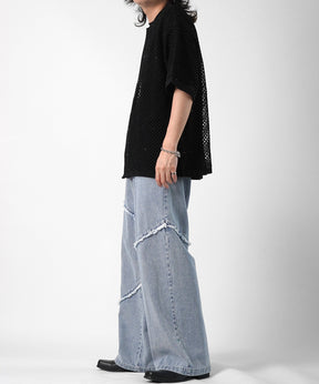 25SS 切替フリンジ ウォッシュ加工 ワイドストレートデニムパンツ