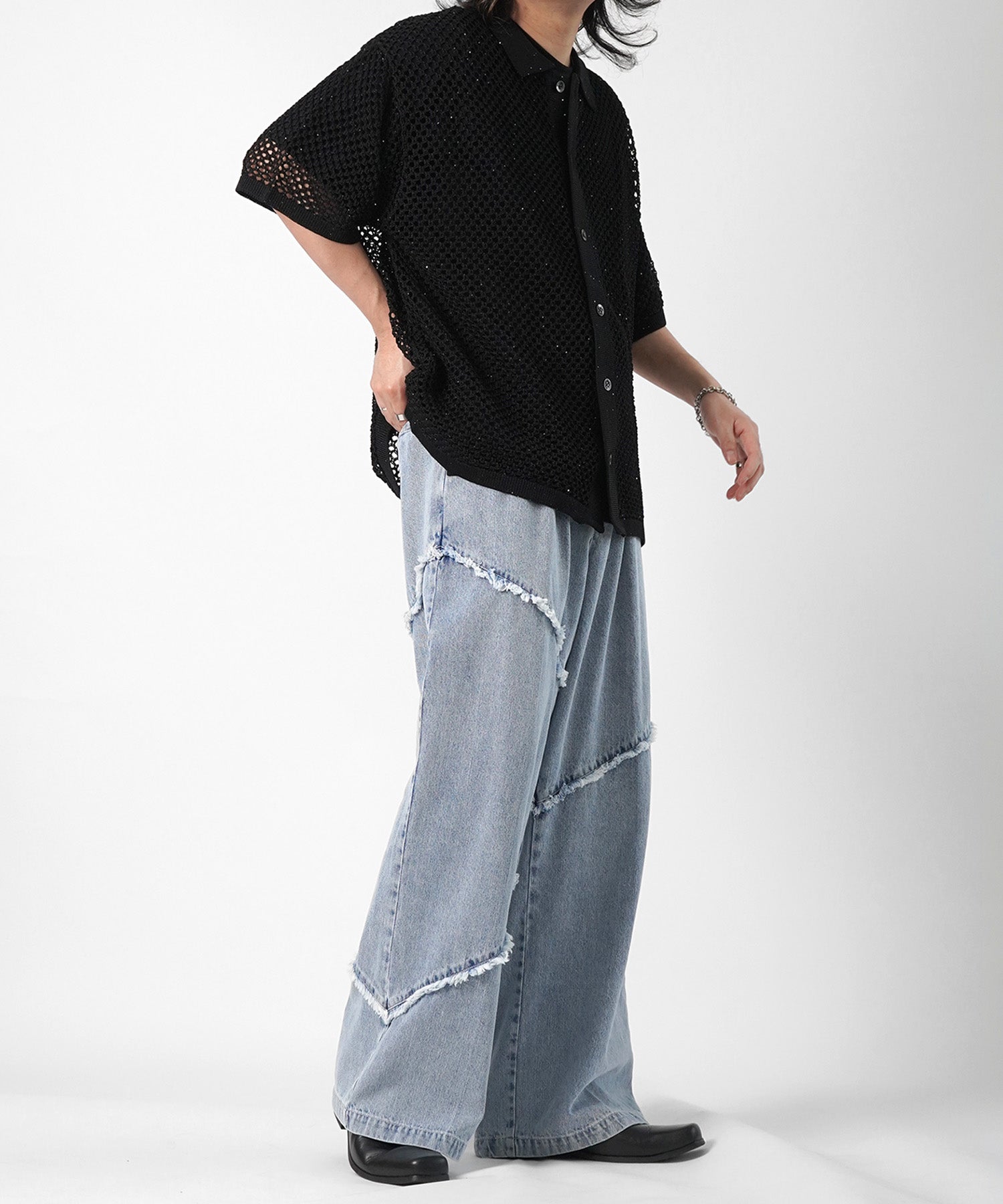 25SS 切替フリンジ ウォッシュ加工 ワイドストレートデニムパンツ