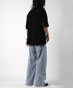 25SS 切替フリンジ ウォッシュ加工 ワイドストレートデニムパンツ
