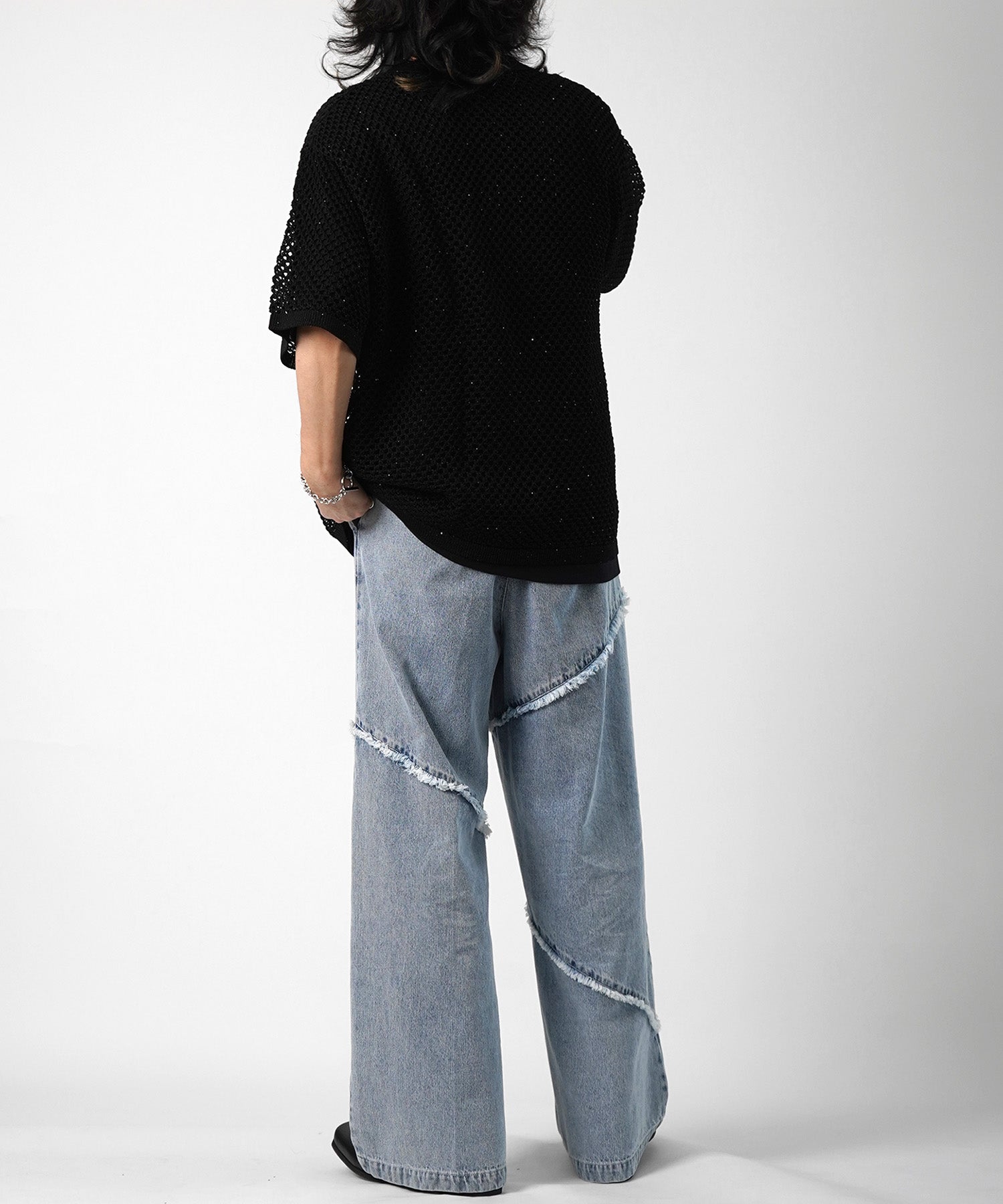 25SS 切替フリンジ ウォッシュ加工 ワイドストレートデニムパンツ
