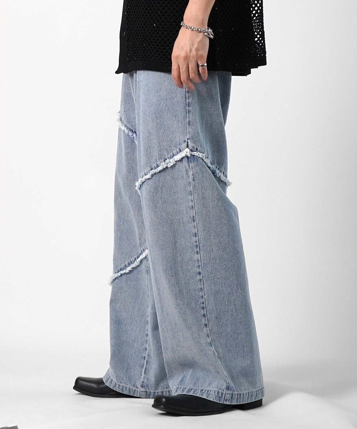 25SS 切替フリンジ ウォッシュ加工 ワイドストレートデニムパンツ