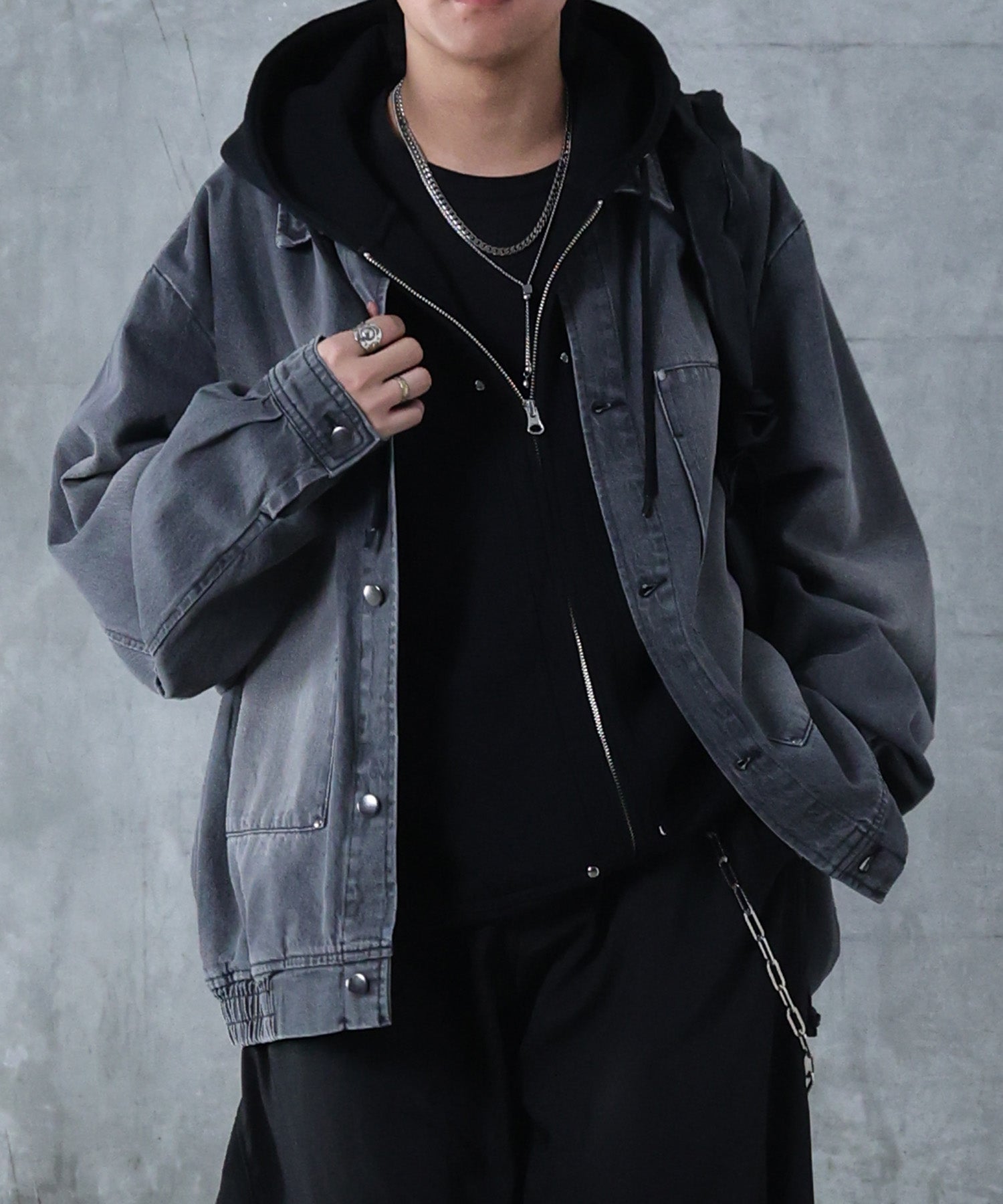 ダブルポケット スタッズ リベット フルジップパーカー ビッグシルエット