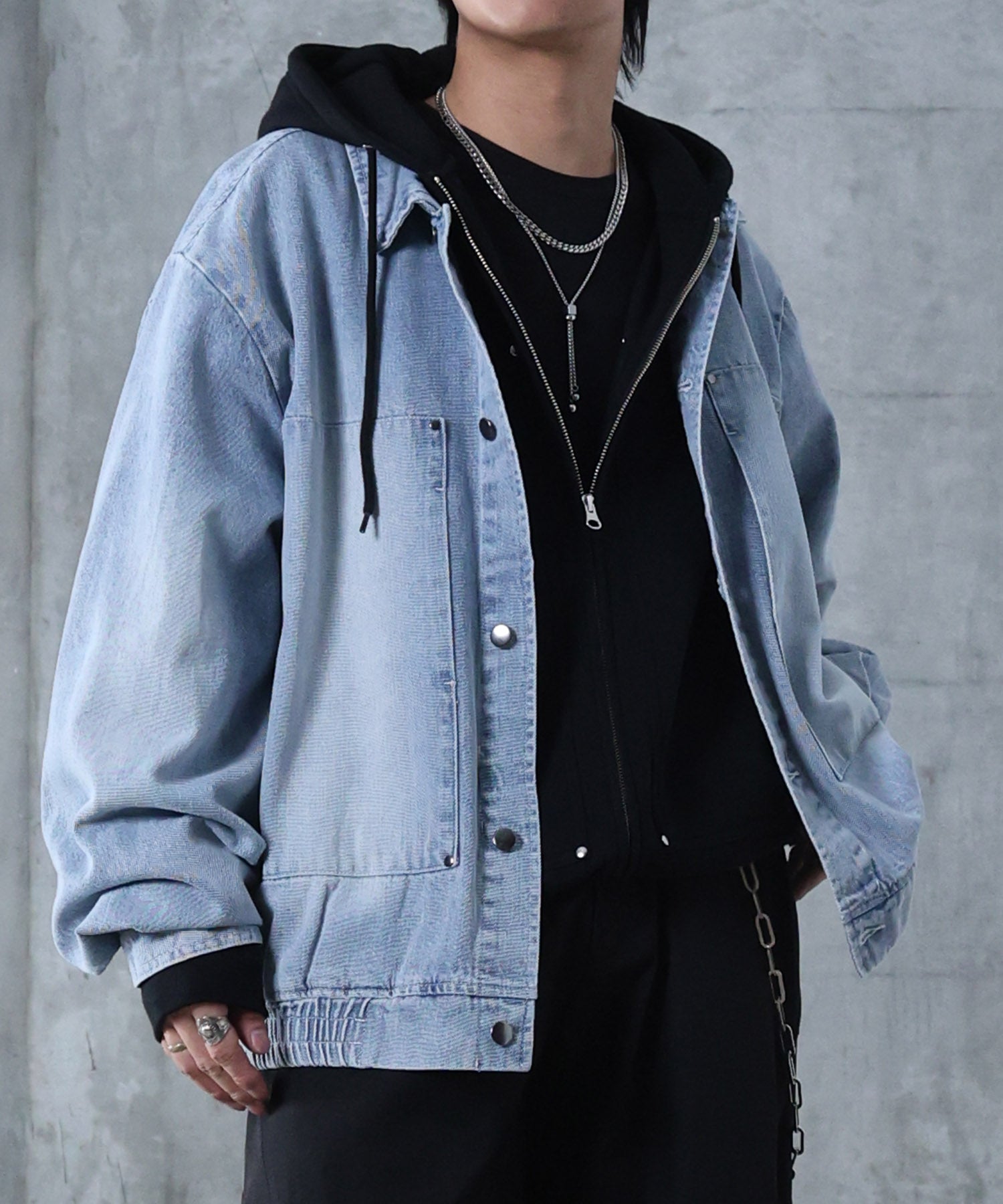 ダブルポケット スタッズ リベット フルジップパーカー ビッグシルエット