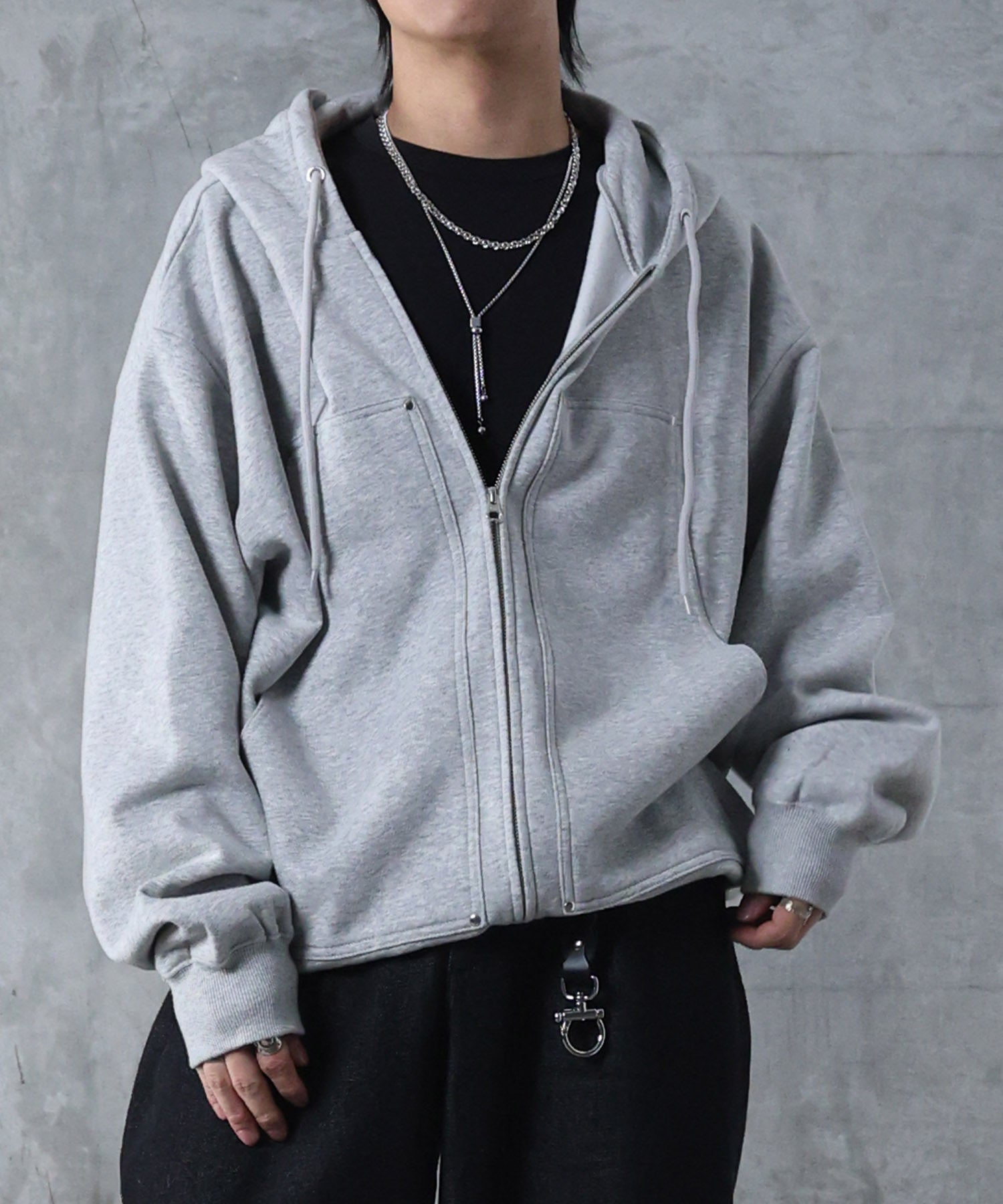 ダブルポケット スタッズ リベット フルジップパーカー ビッグシルエット