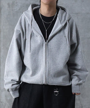 ダブルポケット スタッズ リベット フルジップパーカー ビッグシルエット