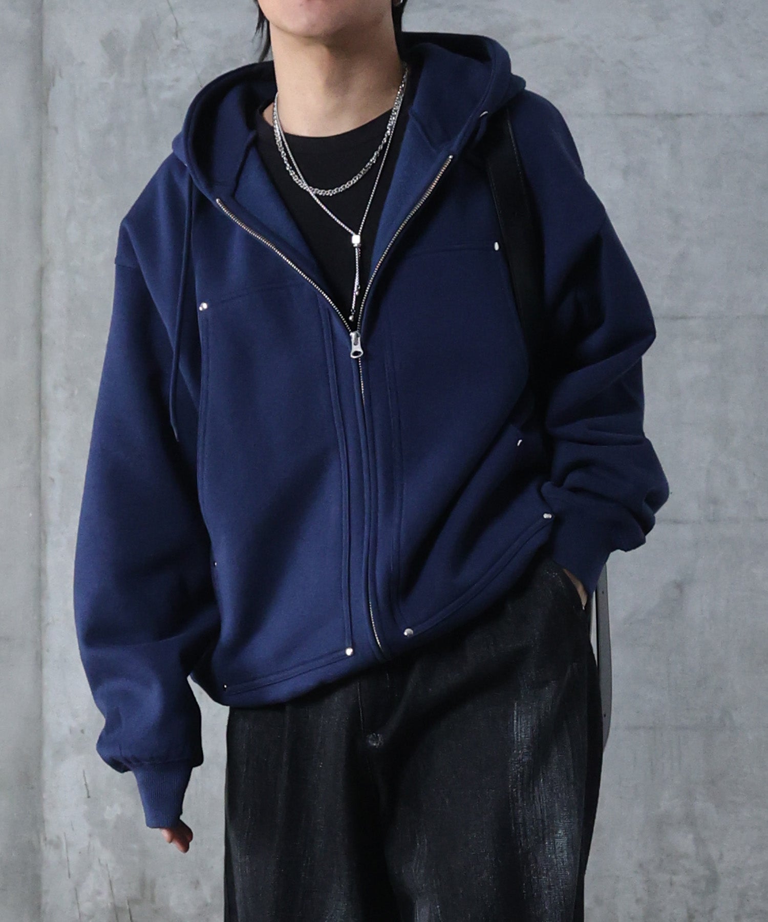 ダブルポケット スタッズ リベット フルジップパーカー ビッグシルエット