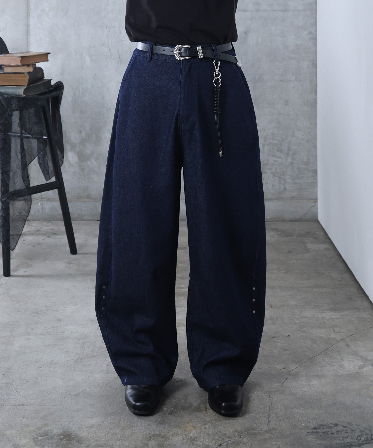 リジット / ワンウォッシュ バレルレッグ リベットデニムパンツ