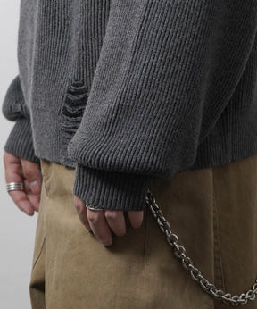 ダメージ加工 フロント Y2K ロゴ刺繍 クルーニット