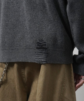 ダメージ加工 フロント Y2K ロゴ刺繍 クルーニット