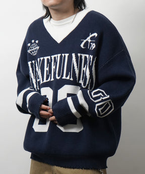 Y2K ロゴ ダメージ加工 Vネック ニット プルオーバー