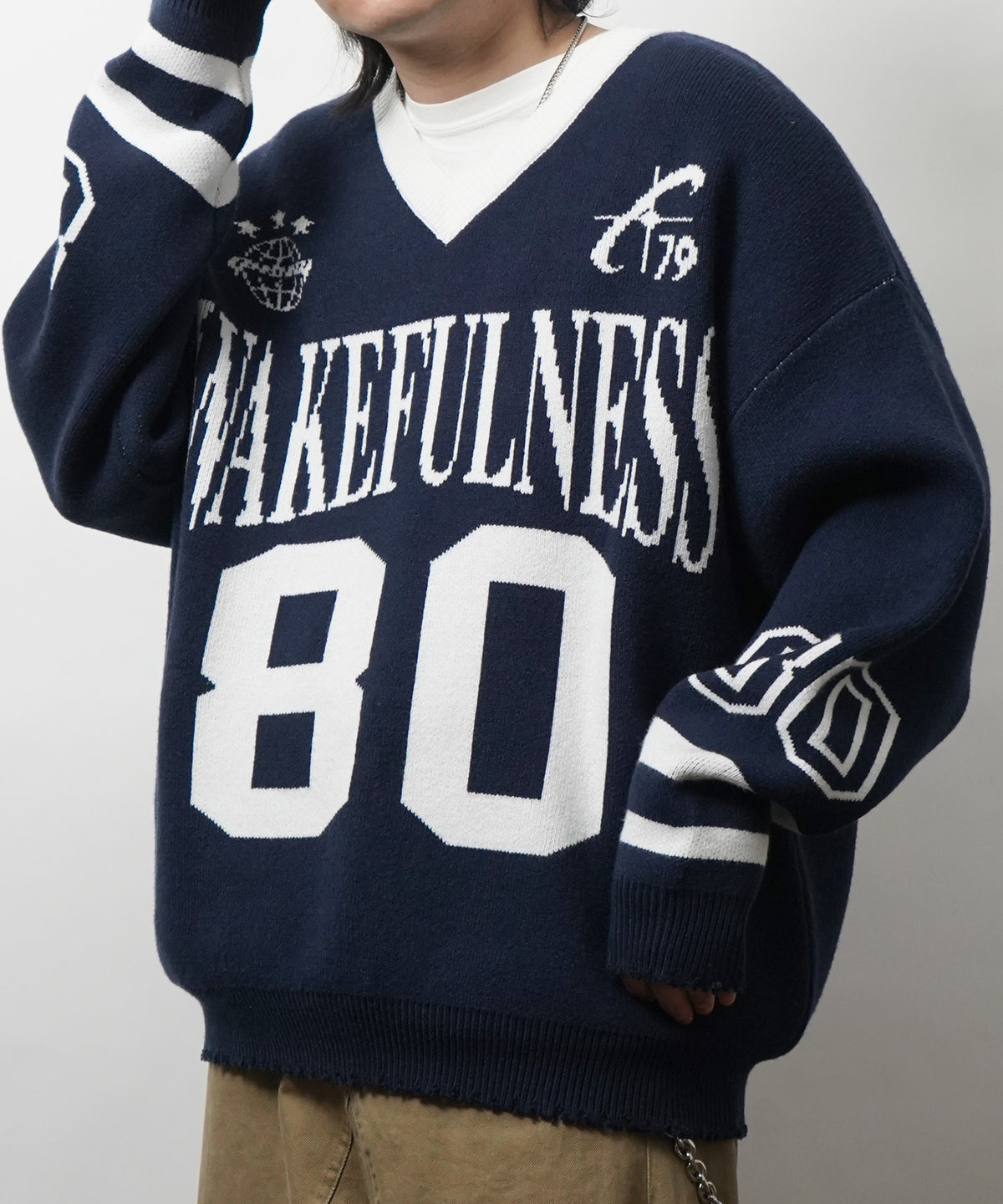 Y2K ロゴ ダメージ加工 Vネック ニット プルオーバー