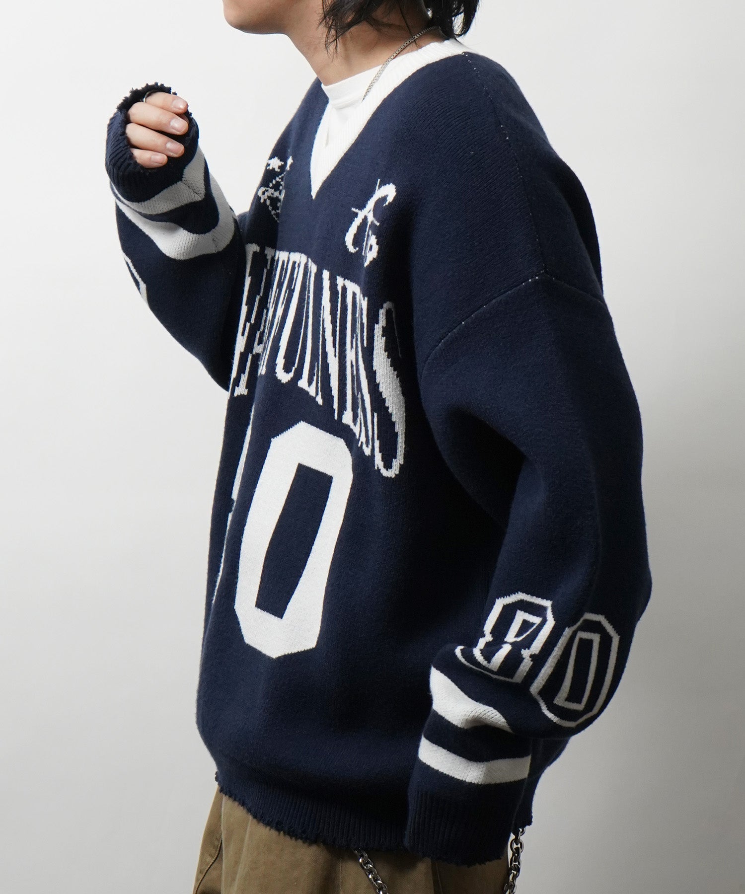 Y2K ロゴ ダメージ加工 Vネック ニット プルオーバー