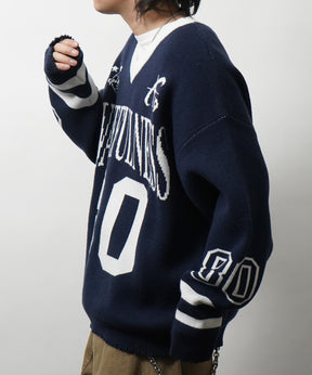 Y2K ロゴ ダメージ加工 Vネック ニット プルオーバー