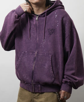 トライバルハート刺繍 フルジップパーカー グランジ加工×スプラッシュ加工 フーディ