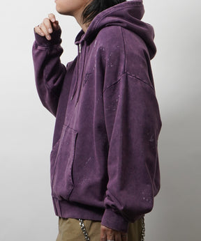 トライバルハート刺繍 フルジップパーカー グランジ加工×スプラッシュ加工 フーディ