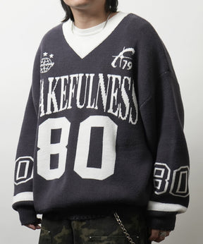 Y2K ロゴ ダメージ加工 Vネック ニット プルオーバー
