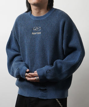 ダメージ加工 フロント Y2K ロゴ刺繍 クルーニット