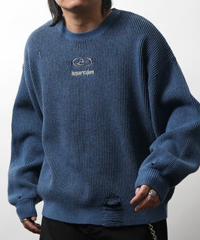 ダメージ加工 フロント Y2K ロゴ刺繍 クルーニット