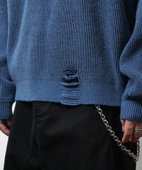 ダメージ加工 フロント Y2K ロゴ刺繍 クルーニット