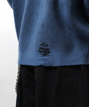 ダメージ加工 フロント Y2K ロゴ刺繍 クルーニット