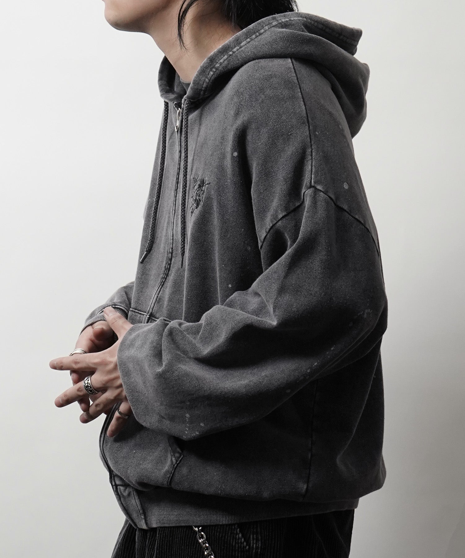 トライバルハート刺繍 フルジップパーカー グランジ加工×スプラッシュ加工 フーディ