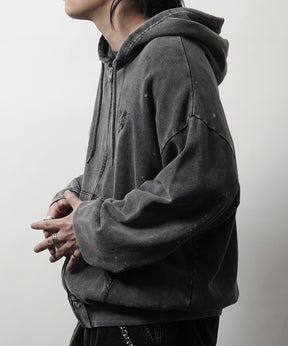 トライバルハート刺繍 フルジップパーカー グランジ加工×スプラッシュ加工 フーディ