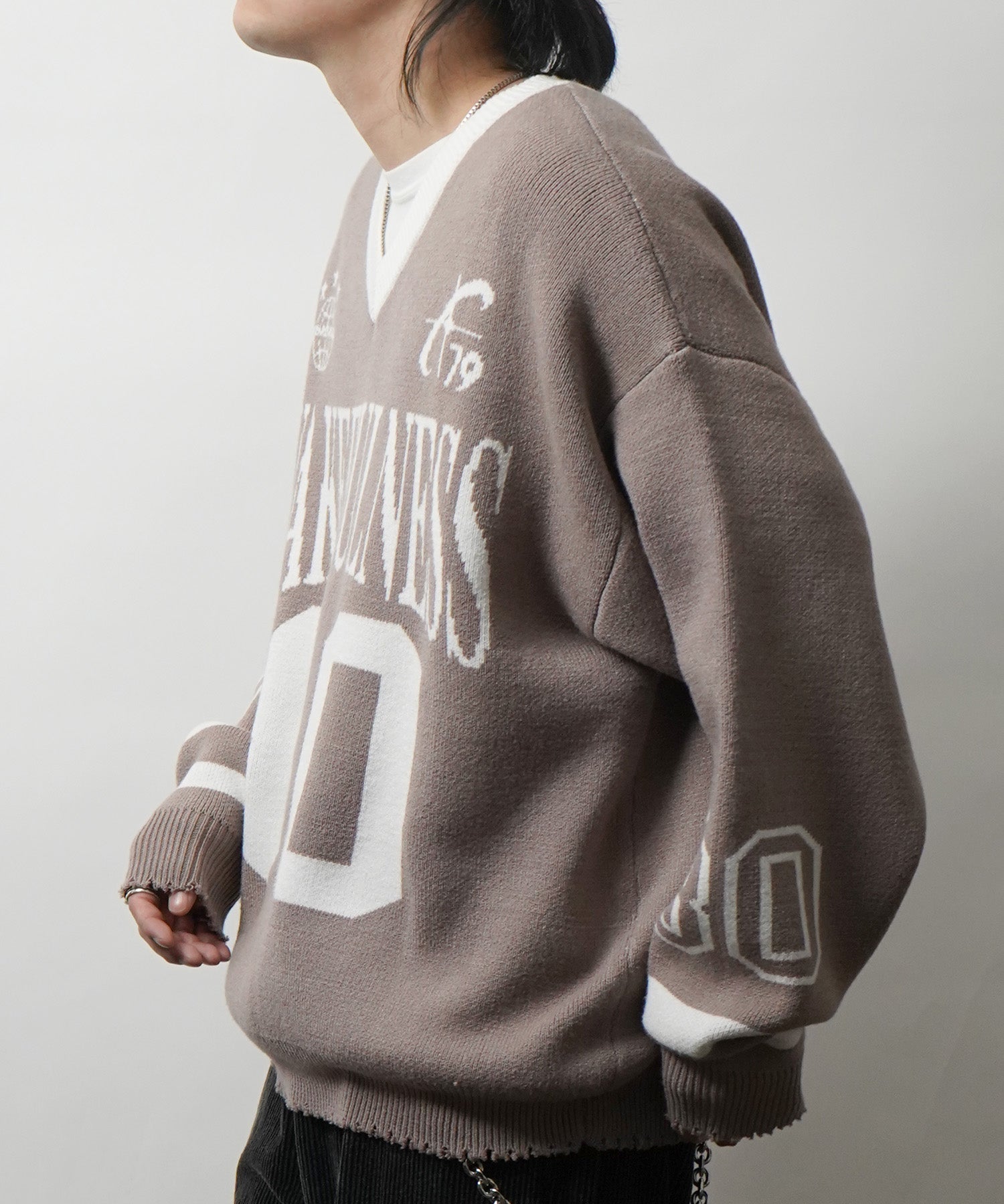 Y2K ロゴ ダメージ加工 Vネック ニット プルオーバー