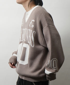 Y2K ロゴ ダメージ加工 Vネック ニット プルオーバー