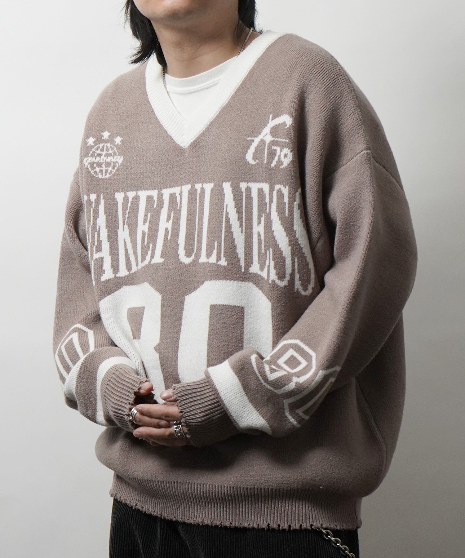 Y2K ロゴ ダメージ加工 Vネック ニット プルオーバー