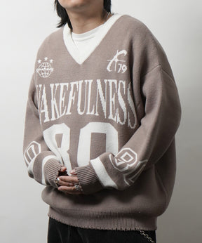 Y2K ロゴ ダメージ加工 Vネック ニット プルオーバー