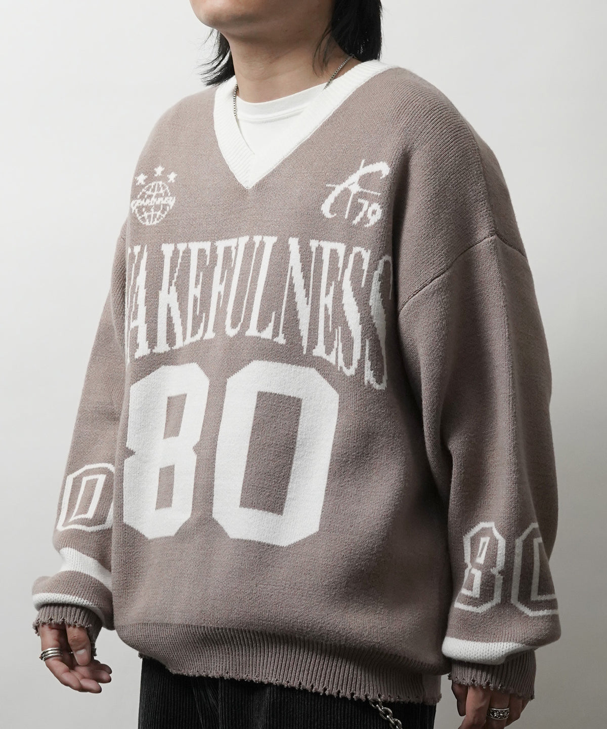 Y2K ロゴ ダメージ加工 Vネック ニット プルオーバー