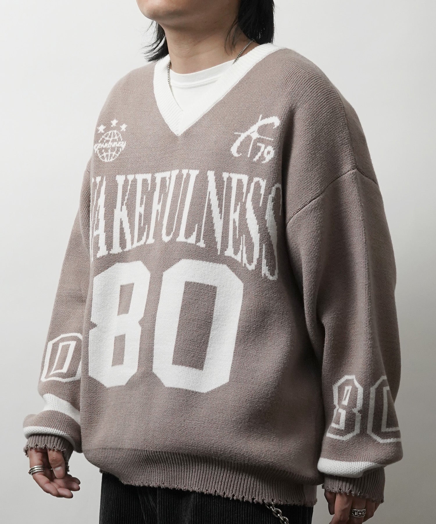 Y2K ロゴ ダメージ加工 Vネック ニット プルオーバー