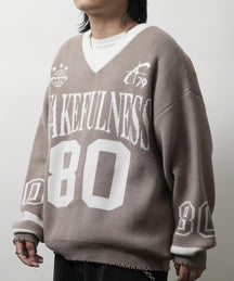 Y2K ロゴ ダメージ加工 Vネック ニット プルオーバー